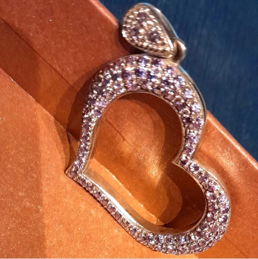 Huge Sterling Silver Heart Pendant with Purple Cubic Zirconia Pavé